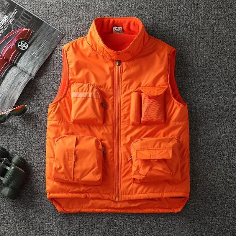 Warm wool fishing vest multiple pockets thick cotton jacket mens style autumn winter outdoor sportswear 240903