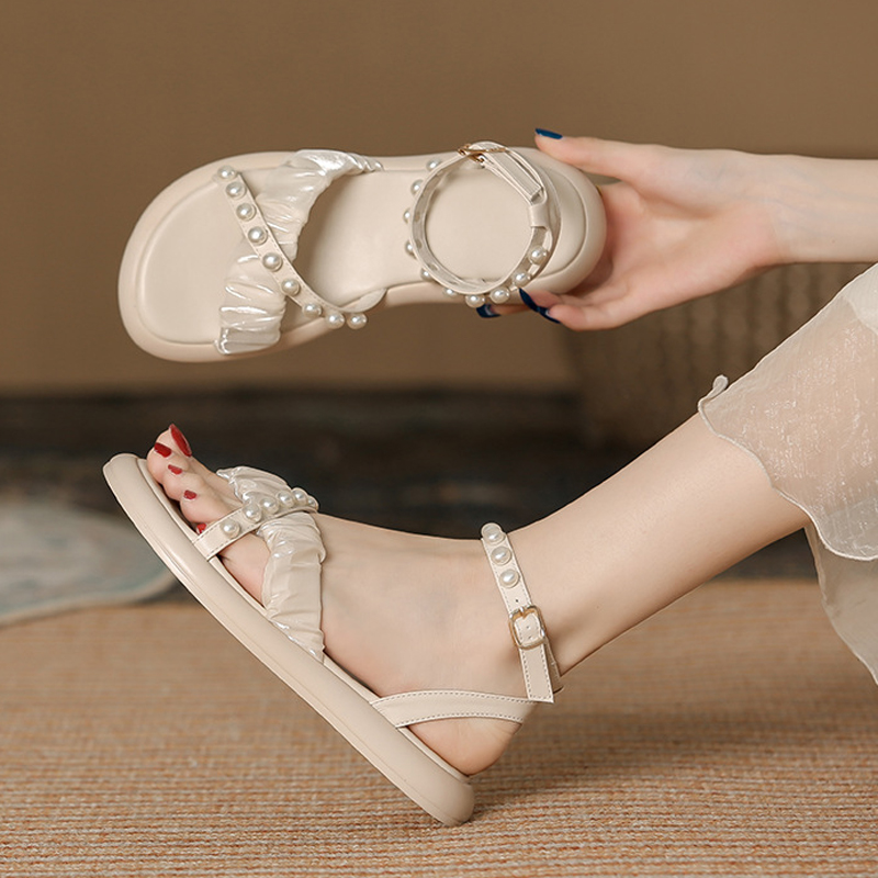 2025 Summer Cross Pearl&Air Mesh Band Sandalias Femme Thicken Soled Platform Woman Flat Sandals Girls Anklet Bead a285