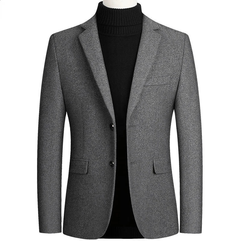 Gray Business Formal Woolen Blazer Jacket Male Single Breasted Slim Fit Mens Cashmere Blazers Casual Warm Suit Jacket Coat 240902