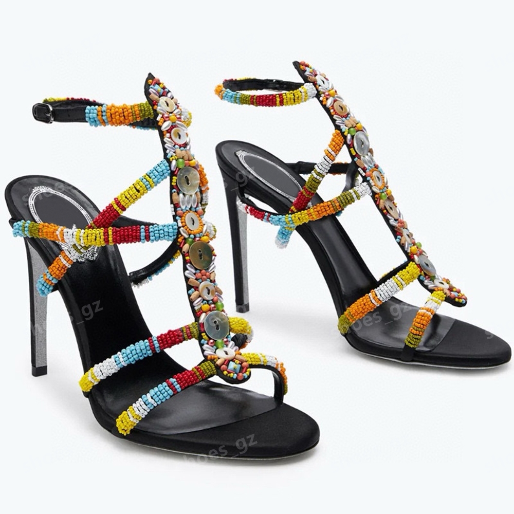 Sandales à talons hauts Femme Perles colorées Strass Boucle Cheville Robe Cérémonie Taille 34-43 Avec boîte