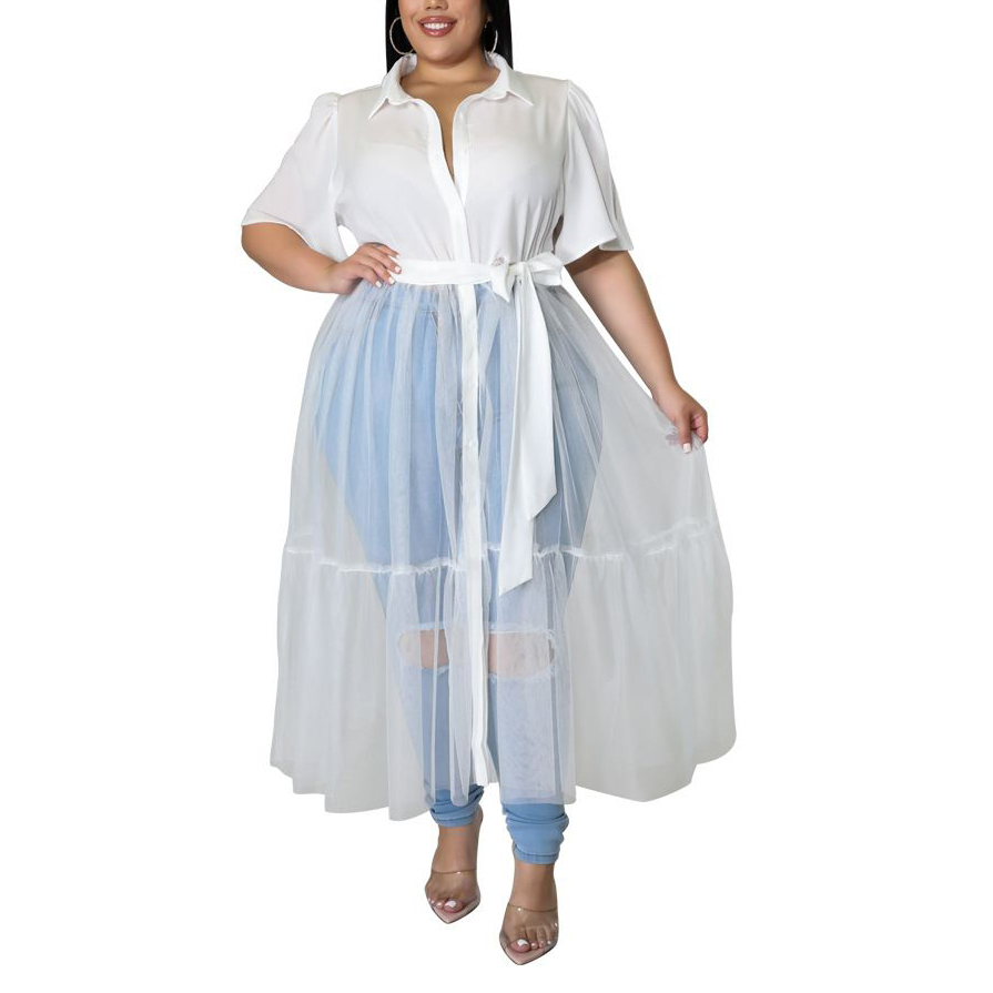 Robes de chemises en tulle de taille plus pour femmes Bouton à manches courtes Blouses Tops Mesh patchwork Robe maxi celtée ruée