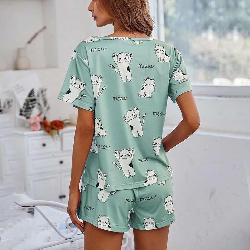 Best-seller Femmes Dessin Animé Chat Imprimé Mignon Pama Ensemble D'été À Manches Courtes Top Shorts Doux Confortable Vêtements De Nuit Femmes Ma