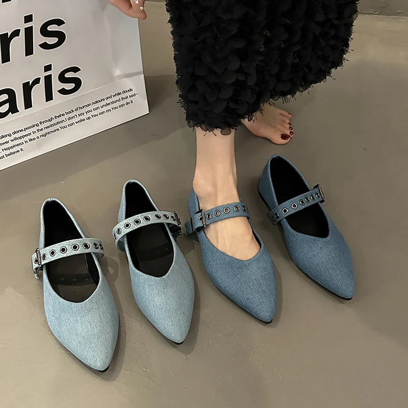 Denim mou Mary Jane chaussures femmes pointues ballet ballet fesses dames mode bleu toile de toile avec ceinture de boucle et 3fac