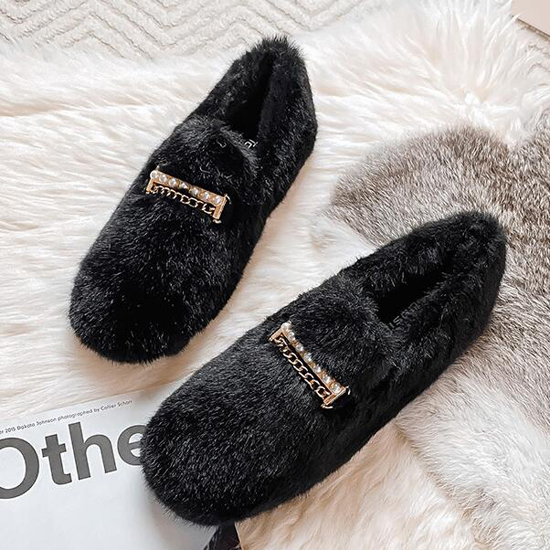 2025 Winter Furry Shoes Woman Fluffy Mink Fur Flats Barefoot Moccasins Femmes Chain Loafers Cotton Wool Ballerina bbe1