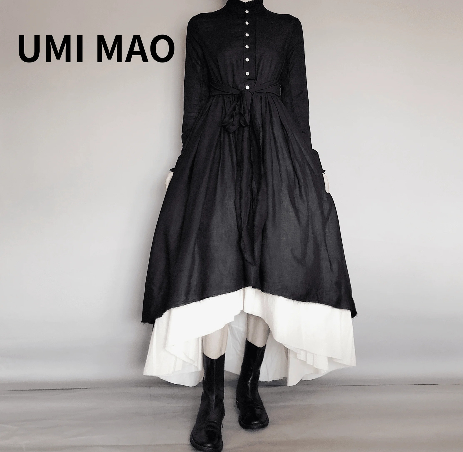 UMI Mao Style Dark Retro Retro Two-Deux Spring and Automne Automne Edge Robe Médile Longue Médile Long
