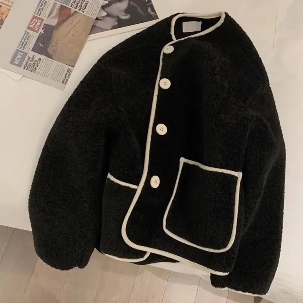 Femmes Tops Shearling Veste lâches Élégantes Femmes Round Couc Cardigan manteau épais à la mode chaude Hiver 240903