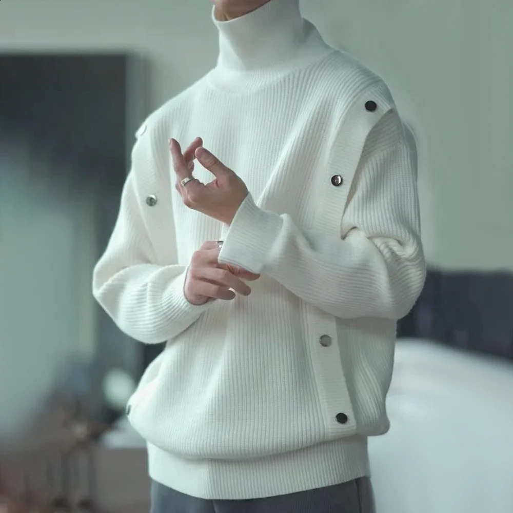2024 Mens Spring And Autumn Fashion Turtleneck Solid Color Loose Knitted Sweater Casual Simple Unisex 240902