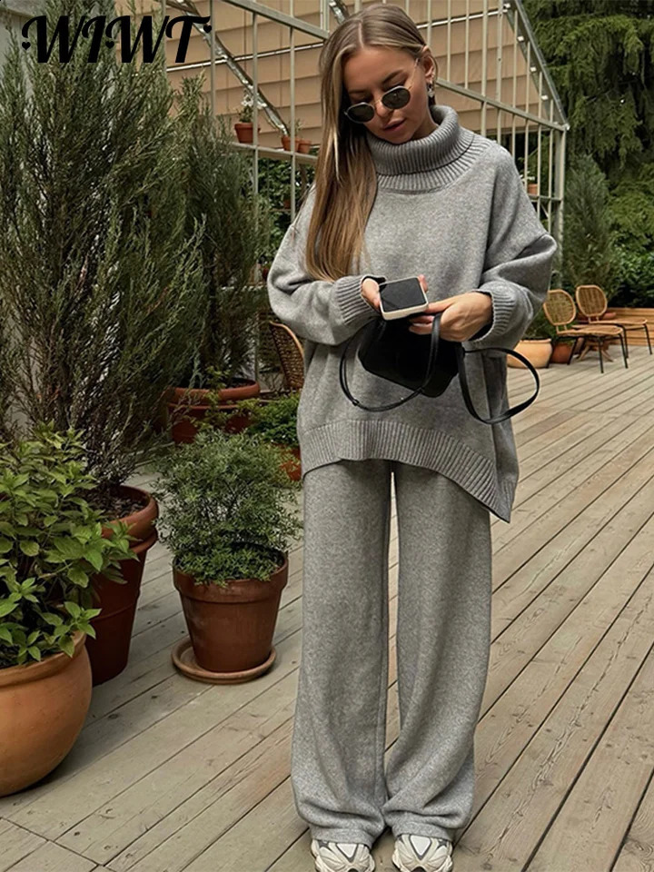 Casual Knitted Turtleneck Sweater Pants Set Women Loose Long Sleeve Pullovers Wide Leg Trousers 2024 Autumn Winter Solid Outfits 240903
