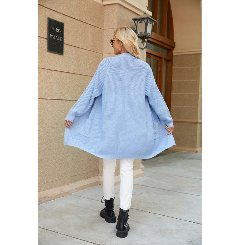 Bestseller Coarse Woolen Knit Jacket Autumn And Winter Women's Fashion Loose Patchwork Pocket Geometric Decoration V-Neck Casual Sweater 8 Ddmy