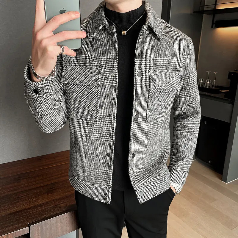 Autumn Plaid wool jacket mens fashion retro pocket casual jacket mens street clothing slim fit collar jacket mens jacket S-4XL 240902
