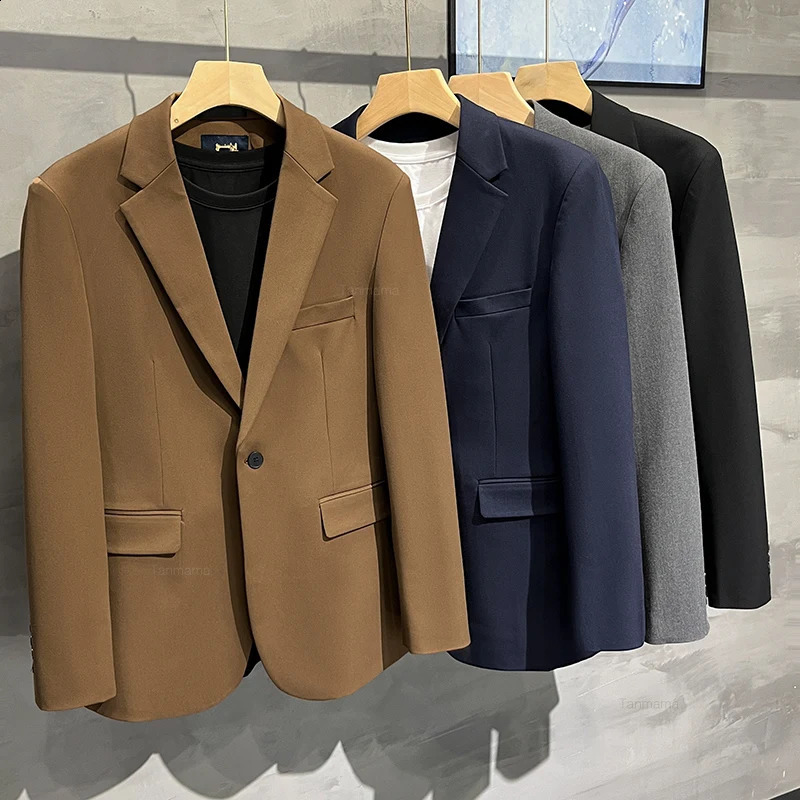 Autumn Mens Thick Drape Blazer Coat Business Casual Fashion Korean No-Iron Suit Jacket Black Gray Blue Brown 240902