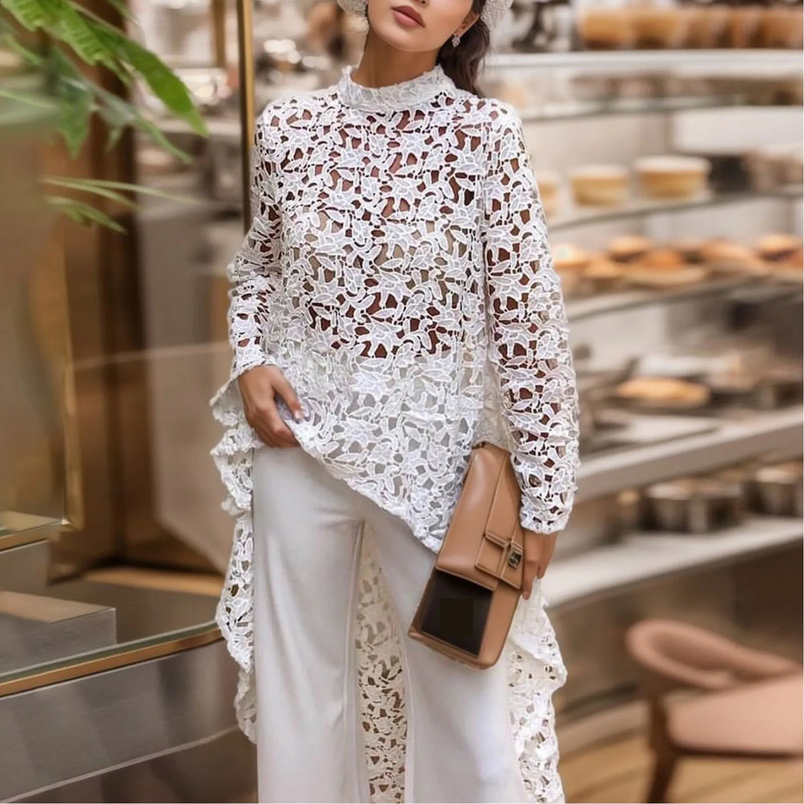 Elegant womens round neck solid color fashionable irregular dress summer sexy lace hollow long sleeved dress vest 240903