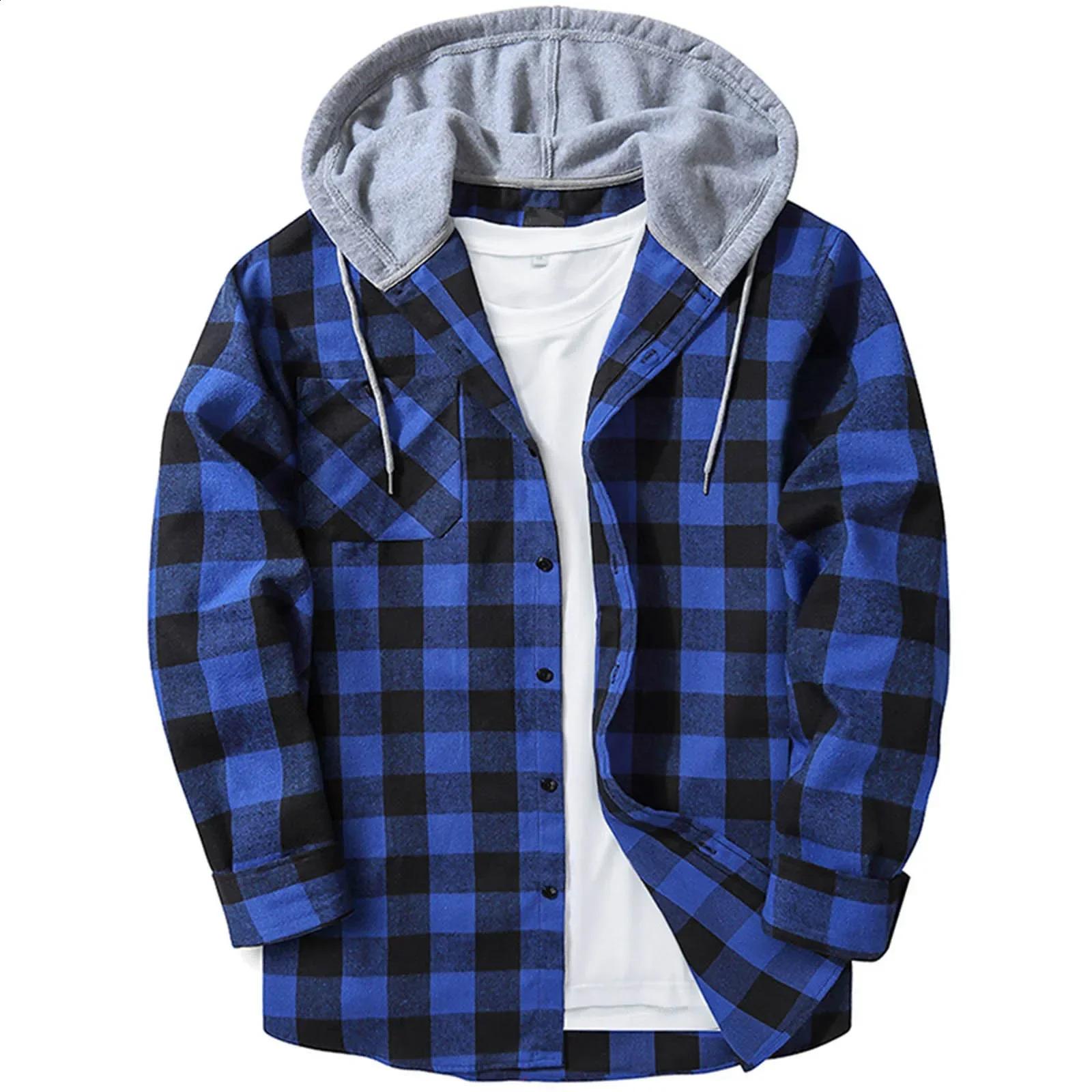 Spring Autumn Casual Loose Mens Plaid Shirts Long Sleeve Single Breasted Hooded Shirts Flannel Cardigan Tops for Men Jackets 240902