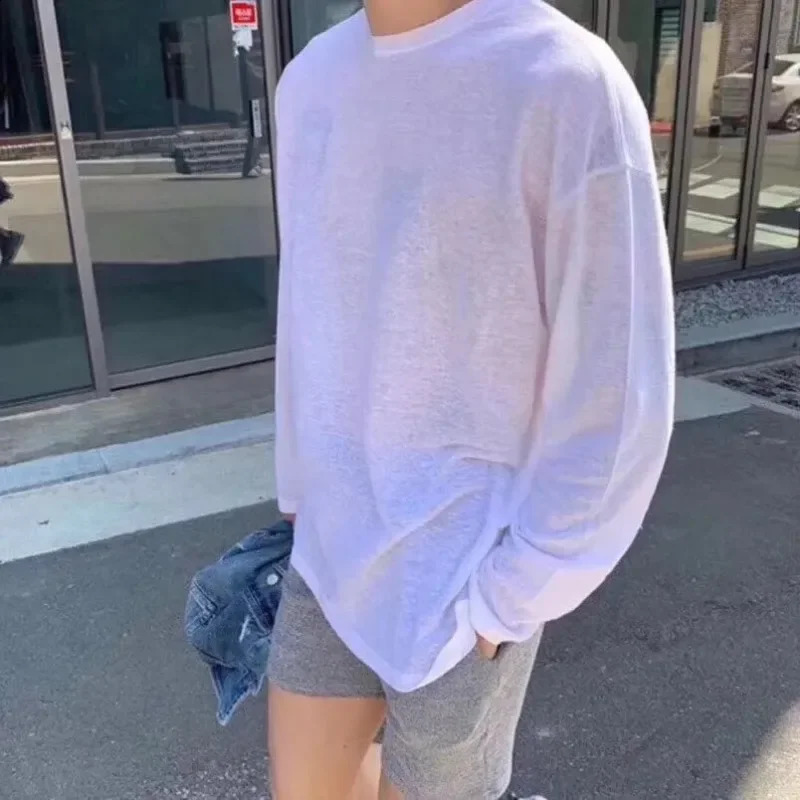 Fashionable Simple Long Sleeved T-shirt Solid Color Loose Sunscreen Tops Korean Slightly Transparent Thin Mens Bottom Tshirts 240903