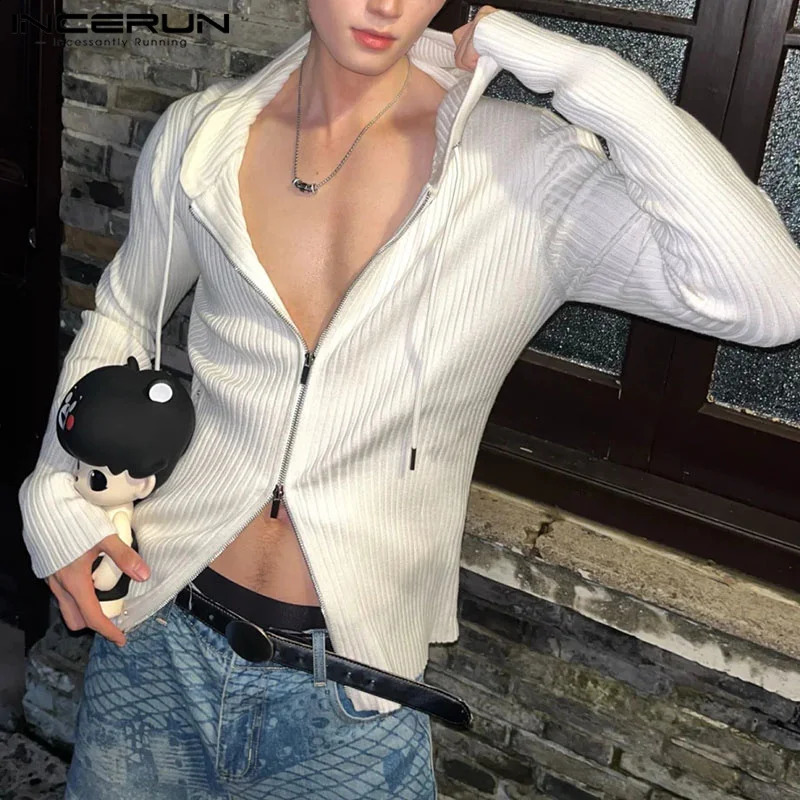 INCERUN Tops Korean Style Stylish Mens Texture Cardigan Pullover Autumn Sexy Male Long Sleeved Zipper Hooded Sweater S-5XL 240903