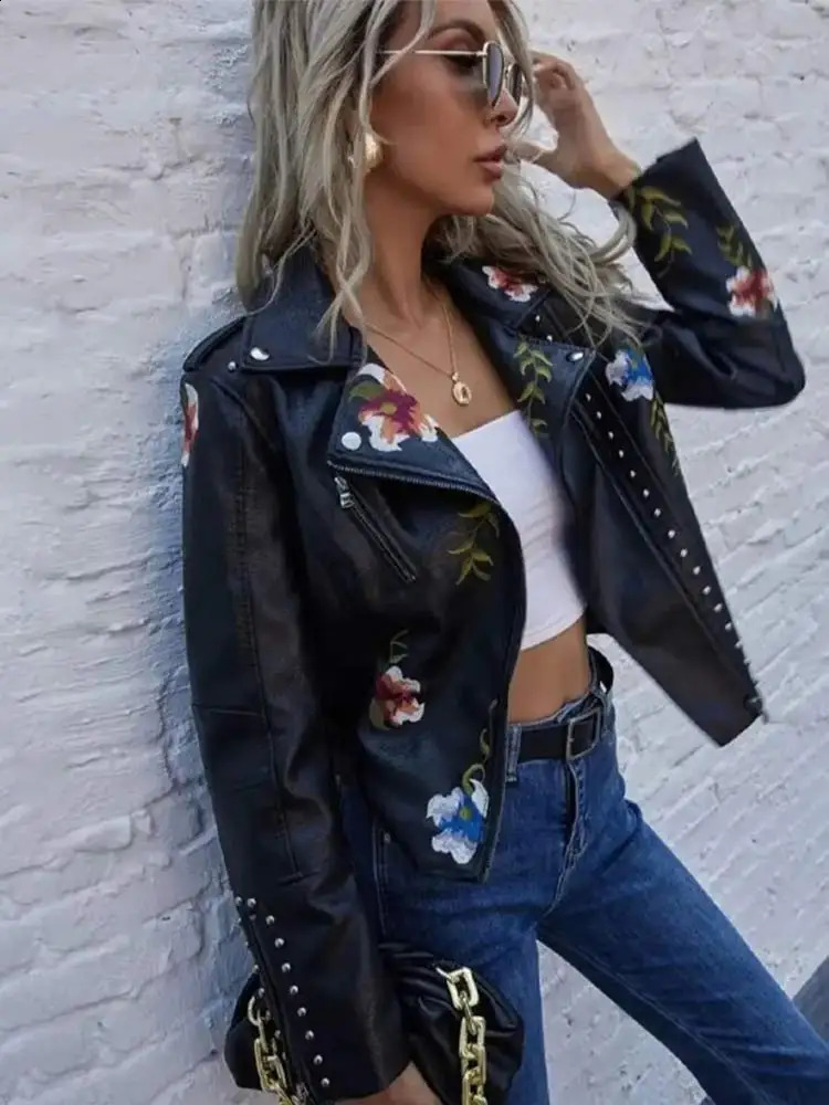 Women Chic Flower Printed Pu Leather Jacket Casual Lapel Long SleeveWith Zipper Short Coat 2024 Lady Fashion Motorcycle Outwear 240903