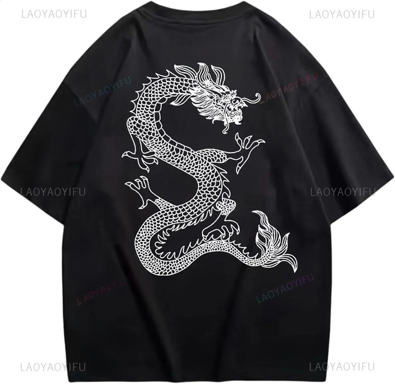 Dragon Totem Mens Cotton T Shirt Crew Neck Loose Fit Drop Shoulder Summer Tops Casual Plain Black Graphic Vintage Tees for Men 240902
