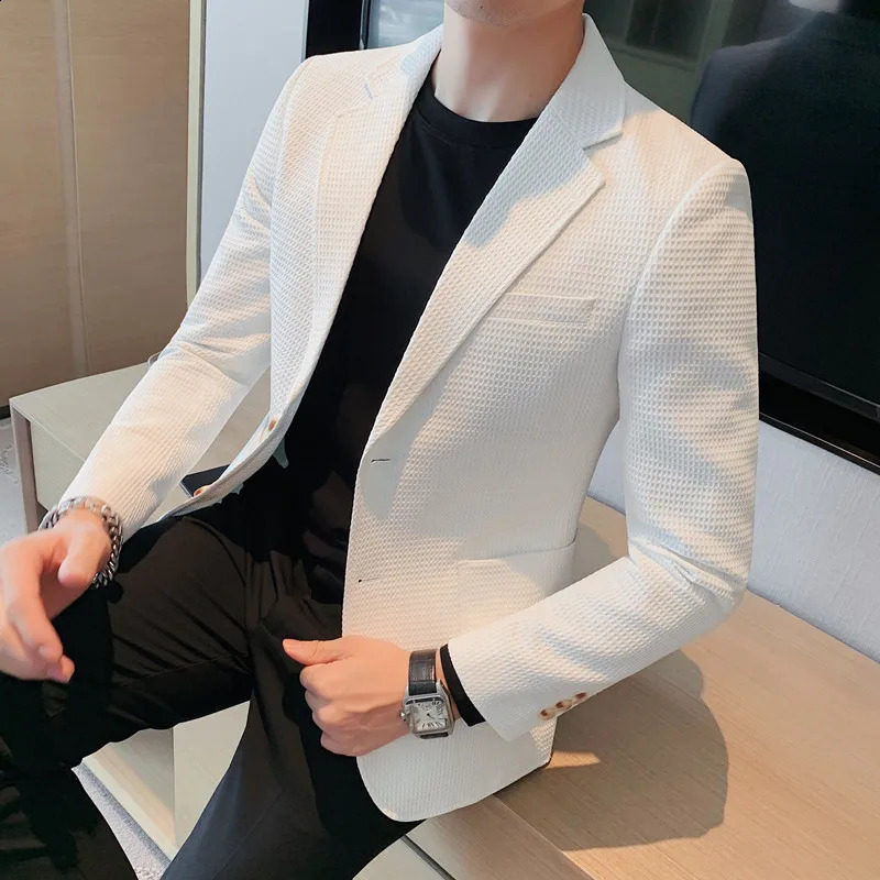 Blazer Hombre Big Size Autumn Winter Waffle Blazers Jacket For Men High Quality Single Breasted Slim Fit Casual Formal Suit Coat 240902
