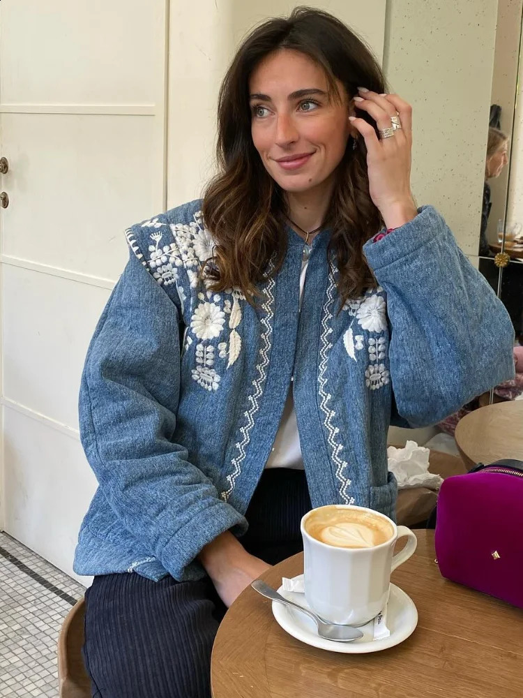 2024 Oneck Print Blue Cotton Coat Fashion Long Sleeves With Pockets Warm Loose Jacket Autumn Winter Lady Outerwear 240903