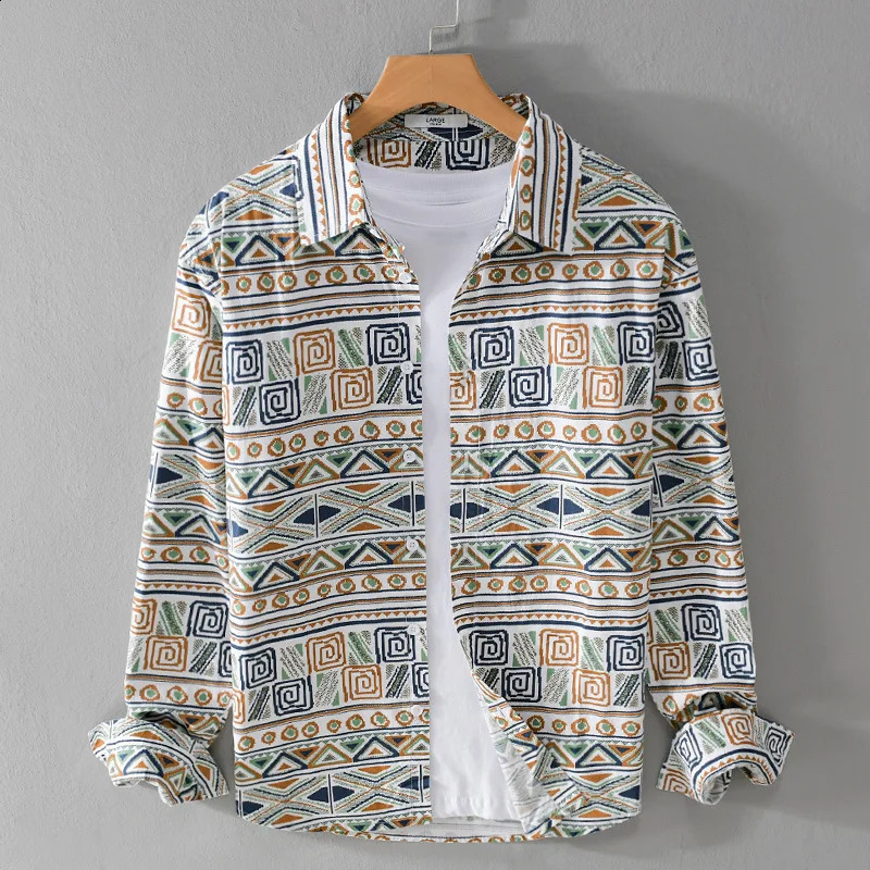 Retro Spring Autumn Mens Cotton 100% Print Shirts Long Sleeve Loose Contrasting Colors Casual Lapel Tops Clothing 240902