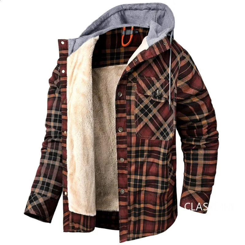 Men Winter Plaid Shirts Coats Hooded Fleece Jackets Harajuku Lg Sleeonve LoosCae sual Shirts Jackets European Style Size S-2XL 240902