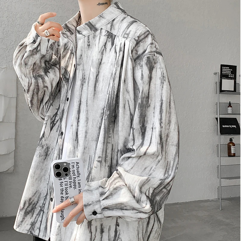 Stand Collar Tie-dye Shirt Men Handsome Long Sleeve Mens Clothing Spring Autumn Korean Loose Streetwear Casual Shirts 240902