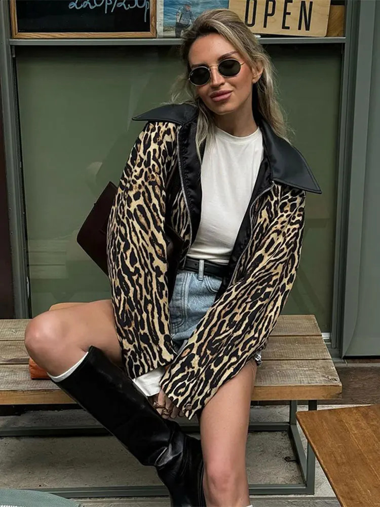 Vintage Leopard Print Lapel Womens Jacket Fashion Zipper Long Sleeved Casual Outerwear 2024 Ladies High Street Warm Coats 240903