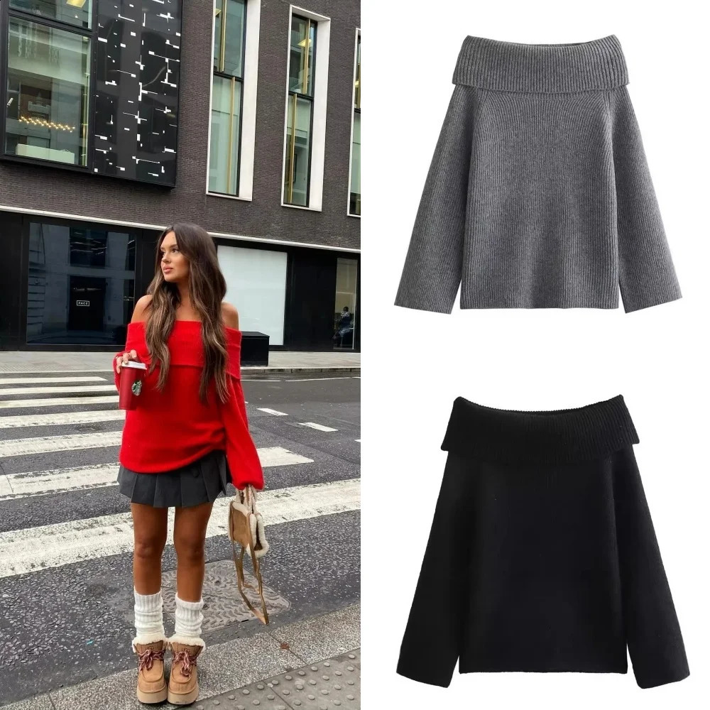 Womens fashionable solid shoulder sweater long sleeved knitted pullover sweater autumn and winter womens casual knitted fashionable top 240902