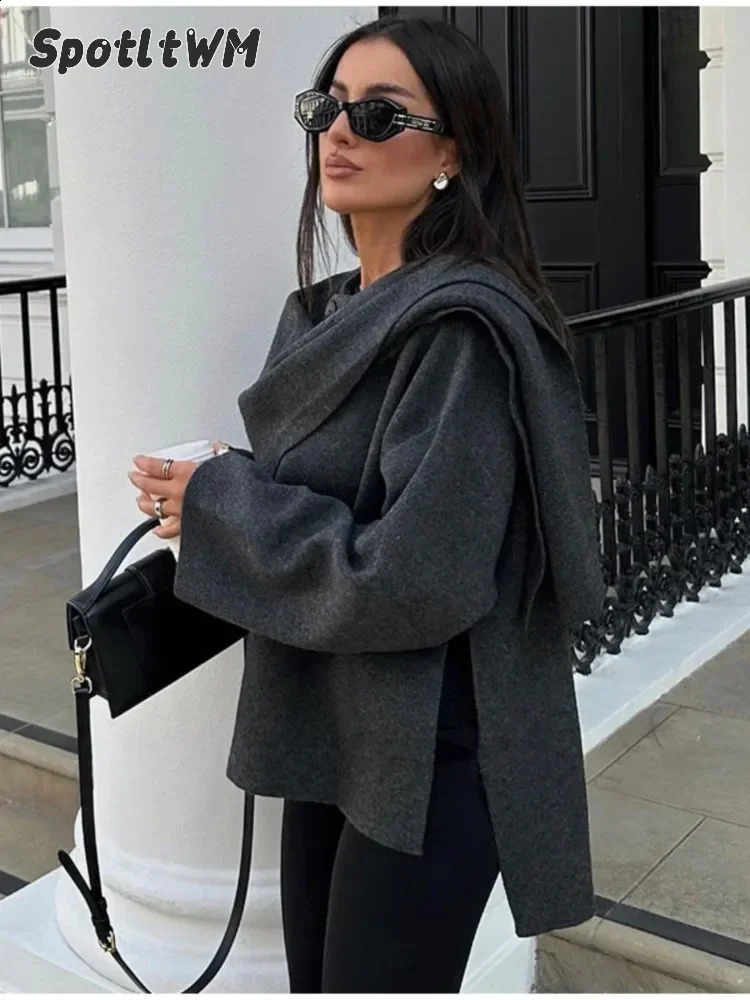 Elegant wool trench scarf collar coat womens fashionable retro windproof jacket winter loose single chest thick coat 240902