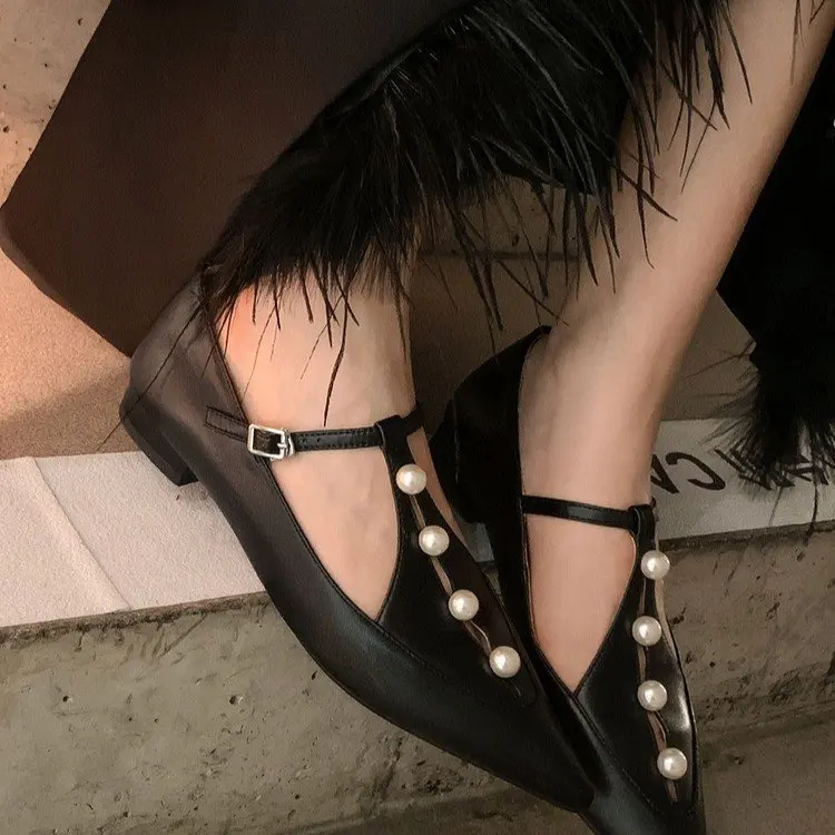 Casual Women's Flat 2025 New Spring Fashion T-straps Oxford Shoes for Woman Loafers Female Retro Pearls Pointed L e5ff