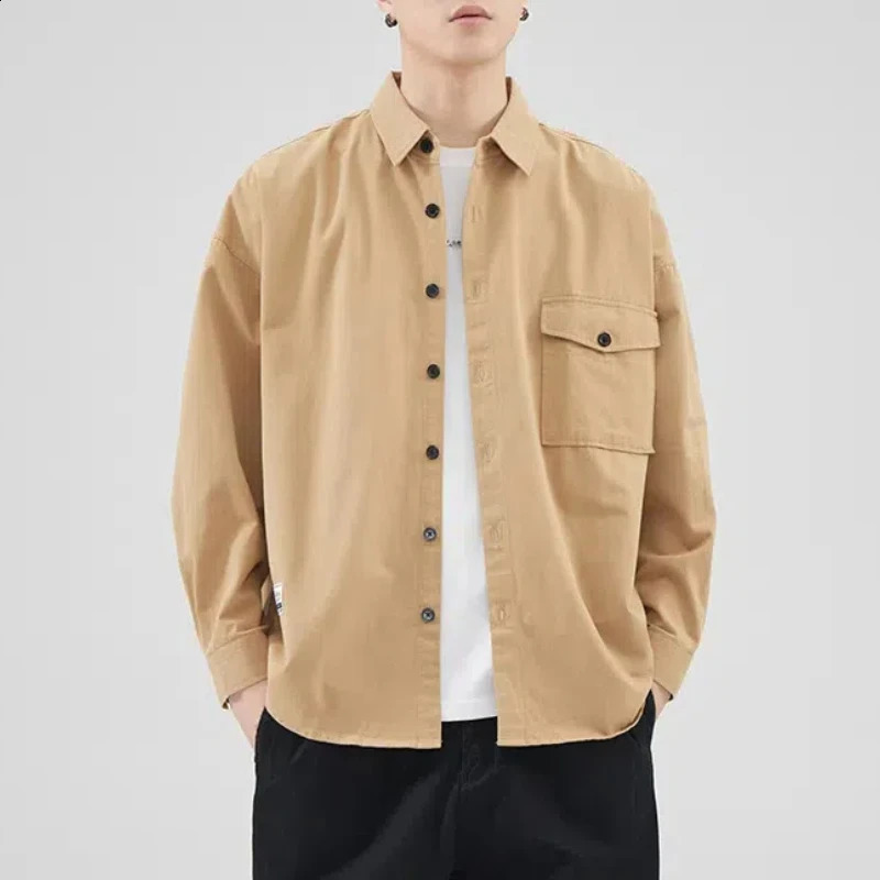Turn-down Collar Button Solid Color Cardigan Long Sleeve Pockets Mens Shirt Coats Casual Spring Autumn England Style Tops 240902
