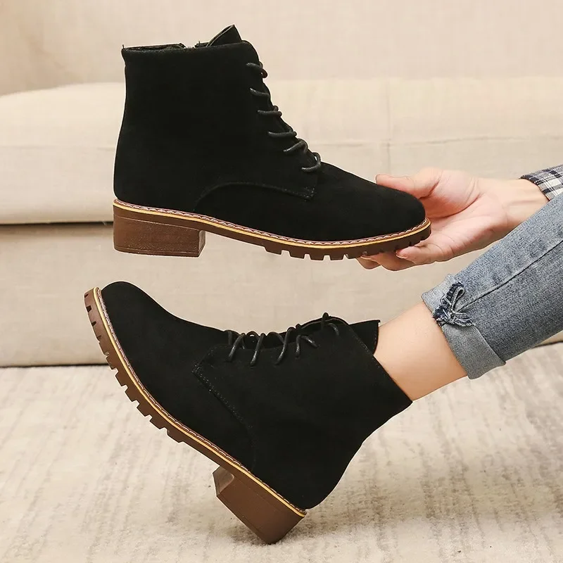 2025 Spring New Womens Ankle Fashion Retro Zipper Suede Boots Outdoor Comfortable Square Heel Lace-up Botas f4e8