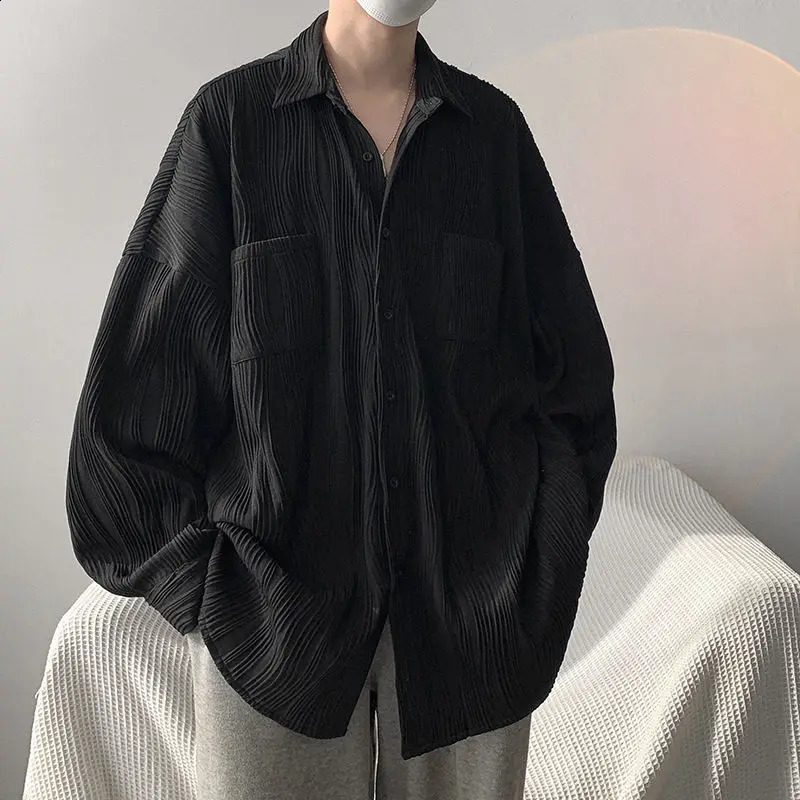 Mens Pleated Plus Size Loose Blouse Spring Autumn Long Sleeve Polo Neck Solid Color Shirt Tops Fashion Trend Men Clothing 240902