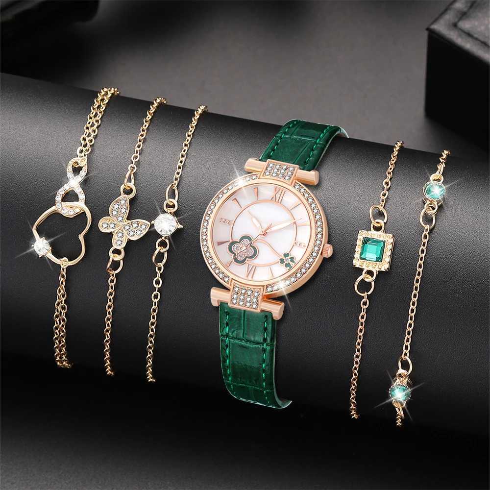 6-piece set of womens fashionable quartz green watch bracelet casual and fashionable round simple watch exquisite multi-layer bracelet set W240902