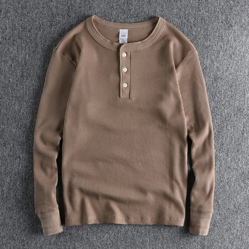 Autumn and Winter American Retro 260g Waffle Knitted Henry Collar T-shirt Mens Fashion Long-sleeved Loose Casual Bottoming Tops 240903