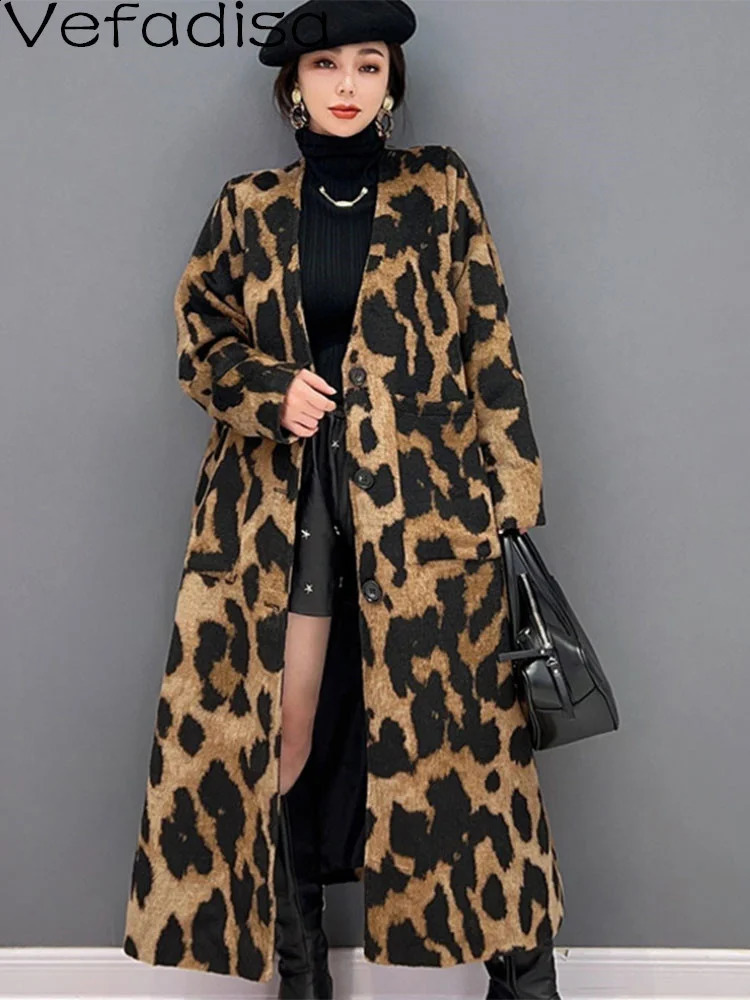 2024 Spring/Summer Winter Womens V-neck Slotted Jacket Loose Medium length Leopard Printed Temperature Jacket LHX2929 240903