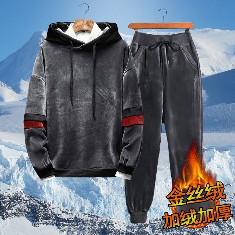 Mens sportswear thick wool hooded mens jacketpants warm winter sportswear mens casual clothing set plus size S-4XL 240903