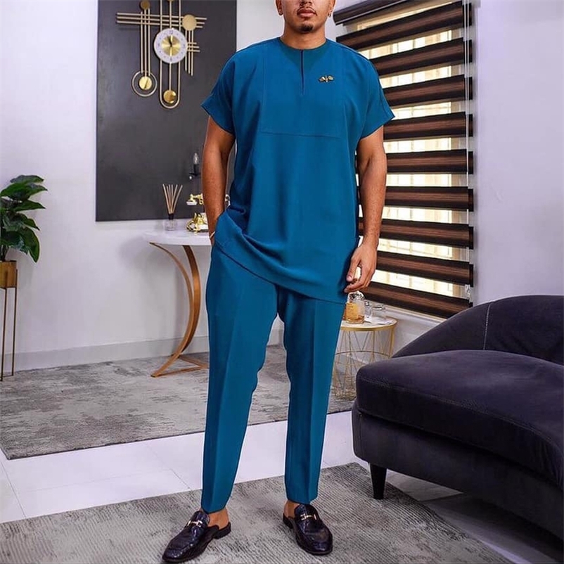 2024 summer mens short sleeved round neck solid color simple shirt and casual pants two-piece set African mens clothing M-4XL 240902
