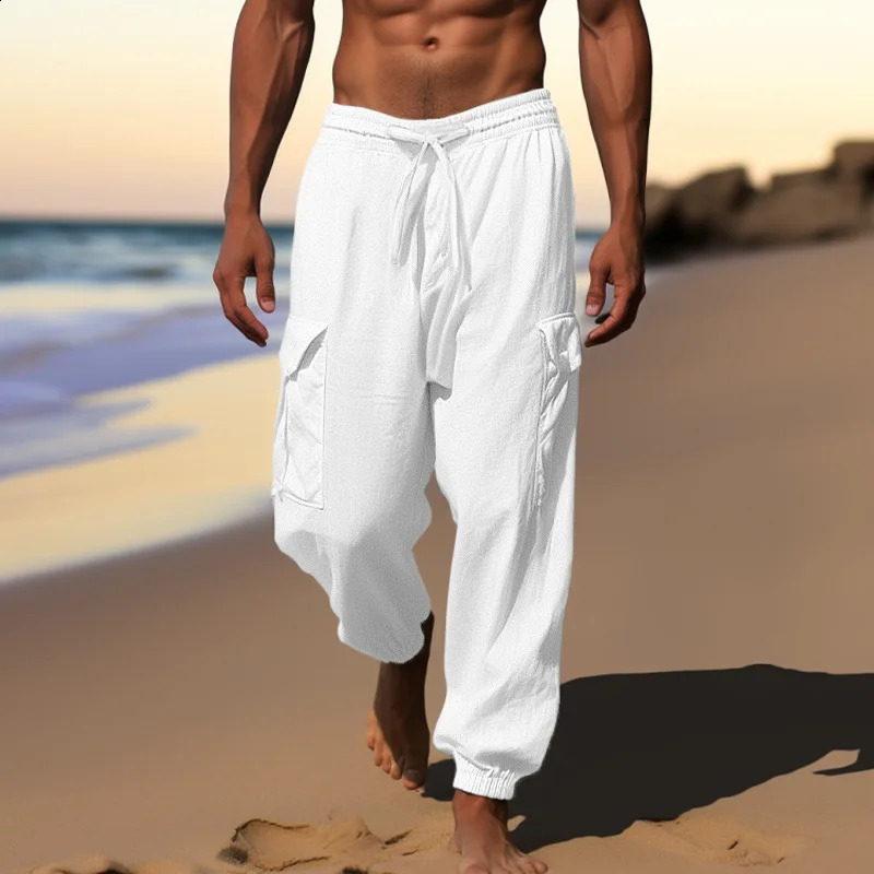 Multi Pocket Cotton Linen Pants For Men Laceup Drawstring Foot Binding Long Trousers 2024 Spring Summer Sport Casual Cargo Pant 240902