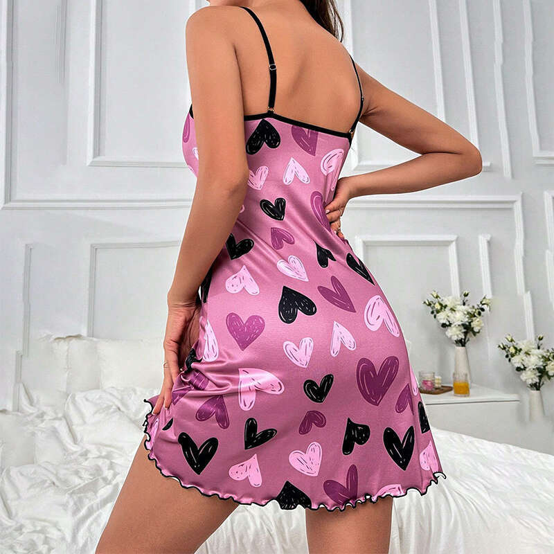 Best-seller Vêtements de Nuit pour Femmes Imprimé Papillon Garniture de Laitue Chemise de Nuit Décontractée Col Rond Dos Nu Mini Robe Slip Doux V