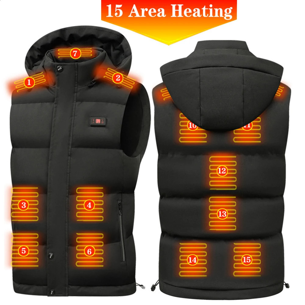 Neutral electric jacket windproof stand up collar vest 15 zone mens electric self heating vest 6XL 240903