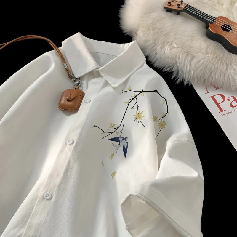 Mens Oversized Shirts Swallow Print Mens Blouse White Fashion 5XL Oversize Shirt Casual Wear Summer for Men Clothing 240902
