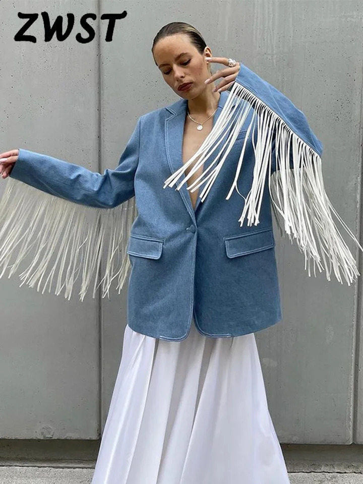 Elegant womens tassel coat blue long sleeves flip collar buttons womens coat 2024 autumn fashion womens coat 240902