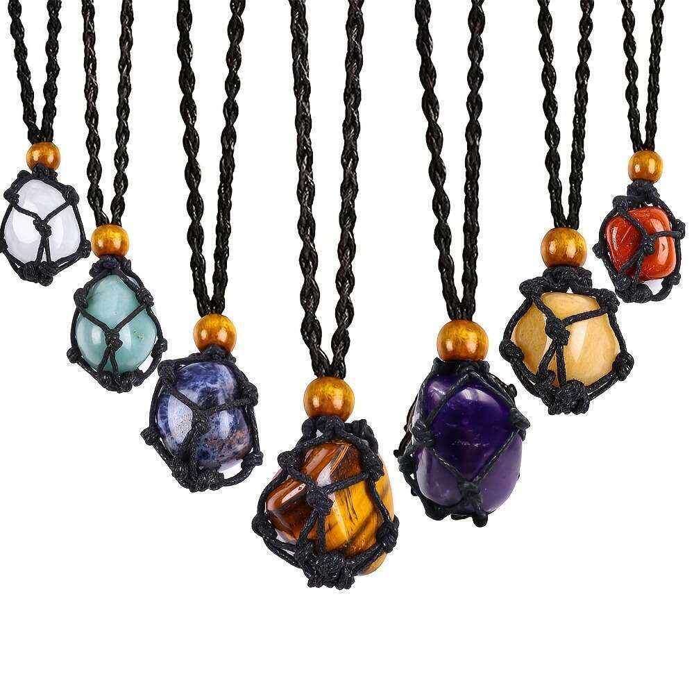 INS Hot sell Energy Stone Crystal natural stone, black woven necklace, adjustable raw stone mesh pocket, sweater chain,designer for men and women