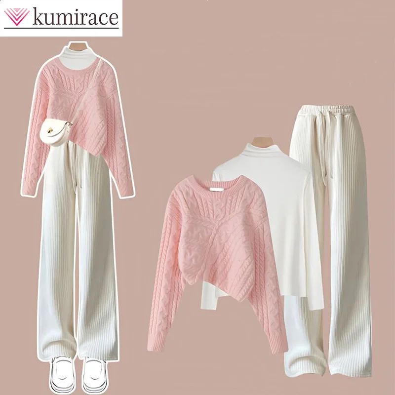 Autumn/Winter Set Womens Korean Knitted Sweater Womens Underwear Casual Pants 3-Piece Set Winter Clothing Womens 240903