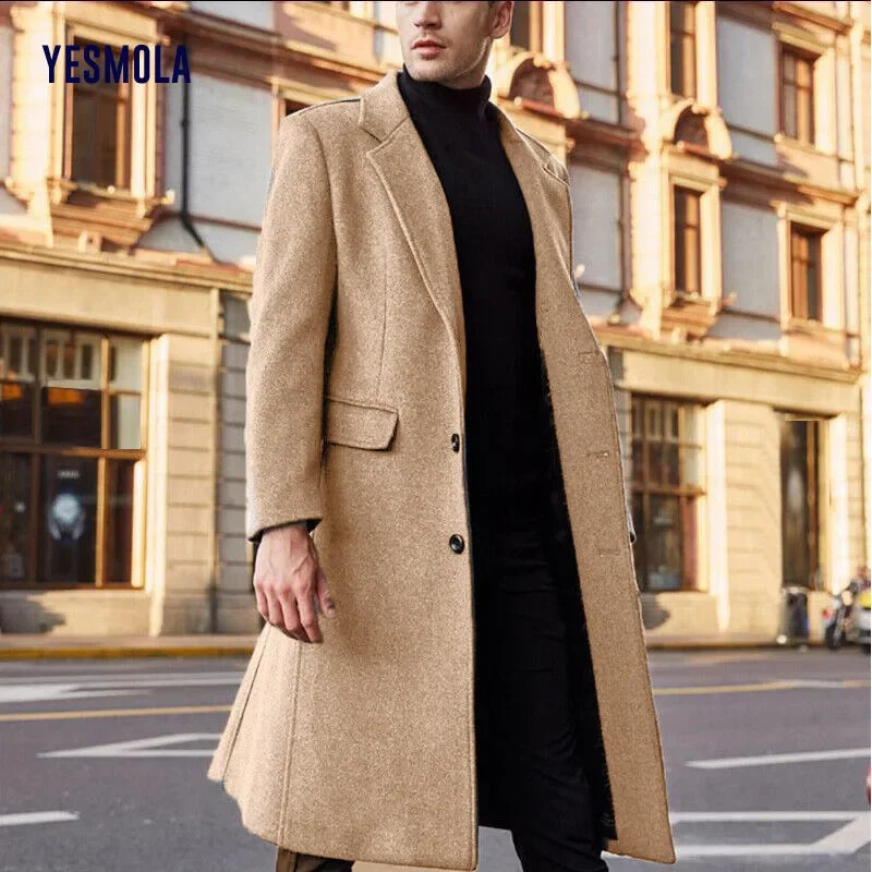 YESMOLA Autumn Winter Mens Coat Solid Long Sleeve Woolen Jackets Fleece Men Overcoat Streetwear Fashion Long Trench Outerwear 240903