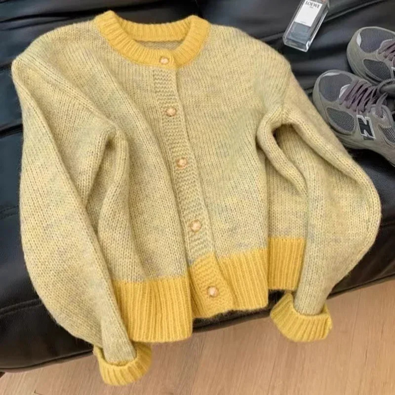 Single-breasted Cardigan Long Sleeve Patchwork Knitted Sweater O-Neck Casual Warm Coat Office Outerwear Autumn Winter 240903