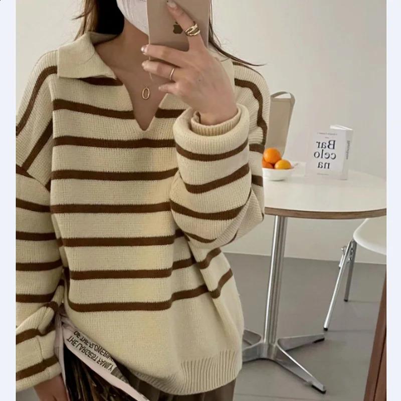 Classic retro casual striped pullover sweater knitted women autumn and winter loose long sleeve wind top 240904