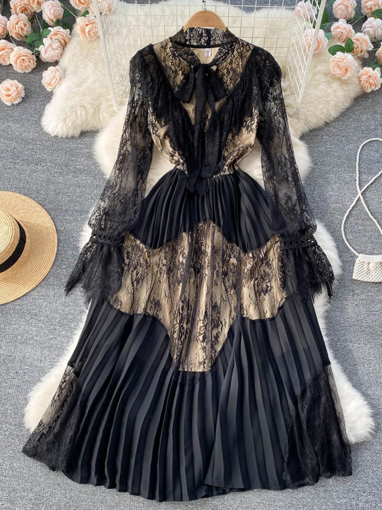 FTLZZ Spring and Autumn Elegant Womens Bow Lace Splicing Dress Retro Puff Sleeve Ruffle Long Dress Party Ruffle Dress 240904