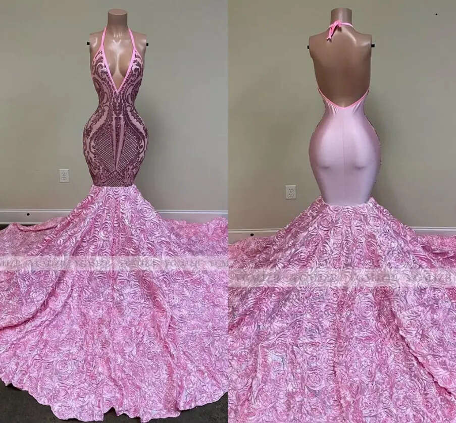 Evening Pink Dresses Sleeveless Mermaid Halter Sequins Applique Sexy Backless Floral Floor Length Plus Size Pleats Prom Gown Formal Custom Vestidos